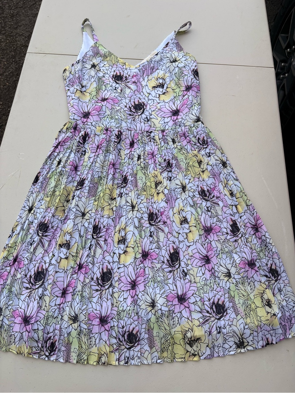 Sleeveless Floral Midi Dress in White with Pink & Yellow Flowers